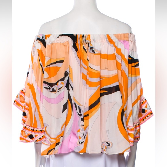 NWT RARE Emilio Pucci Off The Shoulder Ruffle Sleeve Stretch Printed Silk‎ M - Picture 4 of 7